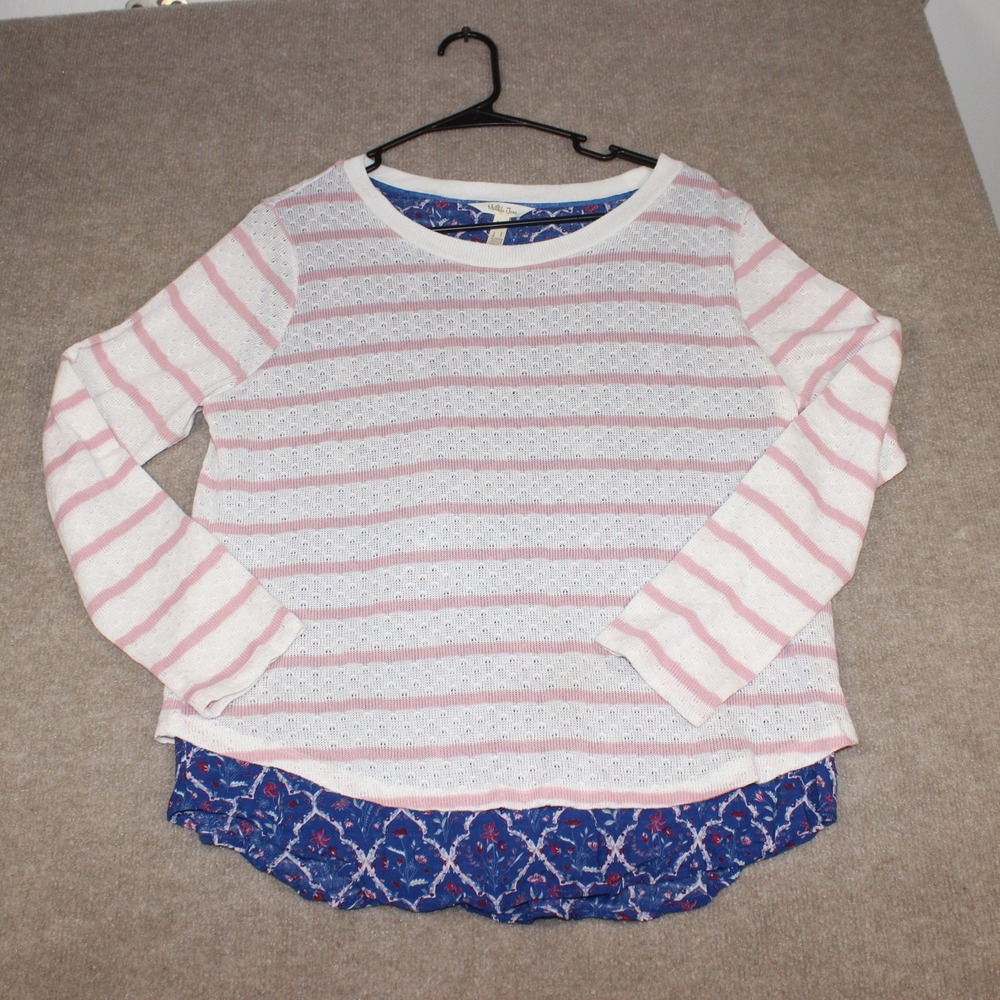 Matilda Jane Womens Pink Striped Blue Floral Mixed Media Top Size M